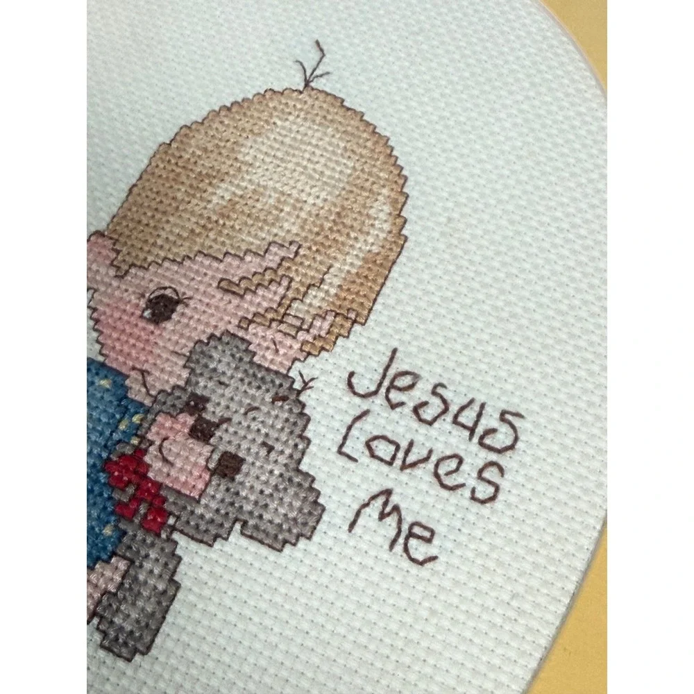 Vintage Precious Moments Jesus Loves Me Cross Stitch Framed Nursery Wall Art